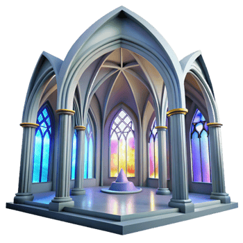 beautiful rustic Gothic cathedral interior, stained glass windows depicting abstract shapes, volumetric lighting, ethereal atmosphere, hyperrealistic, photorealistic, professional png