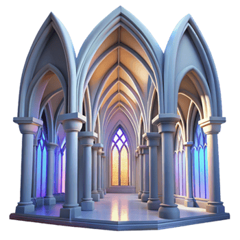 stunning contemporary Gothic cathedral interior, stained glass windows depicting abstract shapes, volumetric lighting, ethereal atmosphere, hyperrealistic, photorealistic, high resolution png