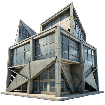 stunning minimalist Deconstructivist office building, sharp angles, intersecting planes, concrete and steel materials, overcast sky, gritty and industrial, 4k, professional png