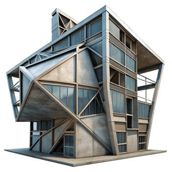 beautiful creative Deconstructivist office building, sharp angles, intersecting planes, concrete and steel materials, overcast sky, gritty and industrial, 4k, detailed png