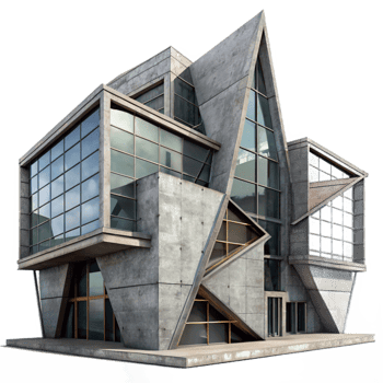 stunning contemporary Deconstructivist office building, sharp angles, intersecting planes, concrete and steel materials, overcast sky, gritty and industrial, 4k, high quality png