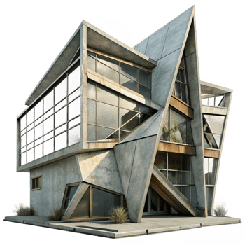 wonderful modern Deconstructivist office building, sharp angles, intersecting planes, concrete and steel materials, overcast sky, gritty and industrial, 4k, authentic png