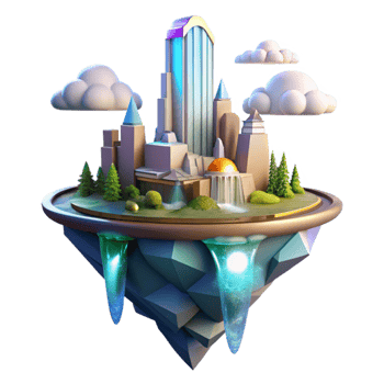dramatic traditional Floating island city, futuristic architecture, waterfalls cascading down the sides, vibrant colors, sunbeams piercing through the clouds, digital art, high resolution png