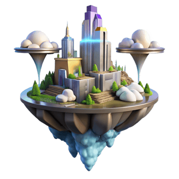 stunning minimalist Floating island city, futuristic architecture, waterfalls cascading down the sides, vibrant colors, sunbeams piercing through the clouds, digital art, genuine png