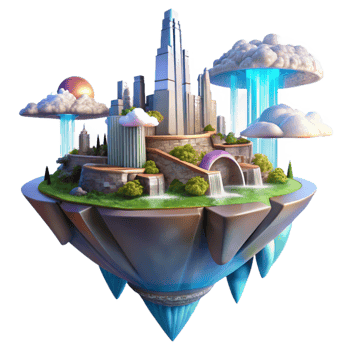 magnificent rustic Floating island city, futuristic architecture, waterfalls cascading down the sides, vibrant colors, sunbeams piercing through the clouds, digital art, genuine png