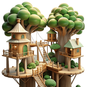 impressive rustic Treehouse village interconnected by rope bridges, intricate wooden structures, dappled sunlight filtering through the leaves, whimsical, Ghibli-inspired, detailed png