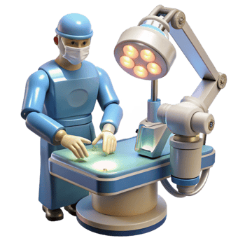 beautiful contemporary A robotic surgeon performing a delicate operation, illuminated by surgical lights, hyperrealistic style premium png