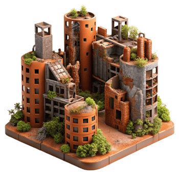 magnificent creative Post-apocalyptic cityscape, crumbling buildings, overgrown with vines, rusty metal structures, orange and brown color palette, desolate and eerie, original png