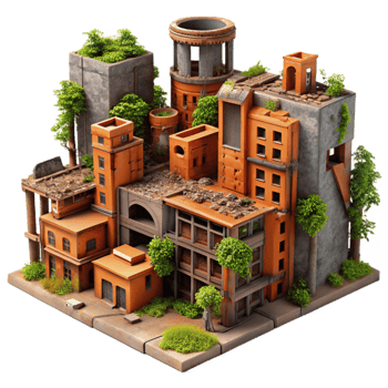 dramatic minimalist Post-apocalyptic cityscape, crumbling buildings, overgrown with vines, rusty metal structures, orange and brown color palette, desolate and eerie, high resolution png