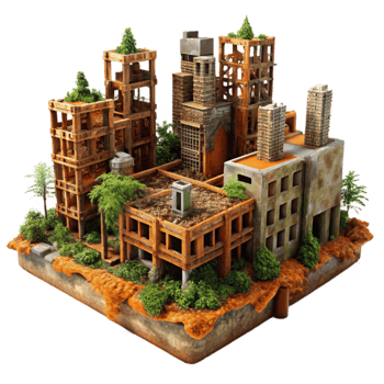 stunning artistic Post-apocalyptic cityscape, crumbling buildings, overgrown with vines, rusty metal structures, orange and brown color palette, desolate and eerie, genuine png