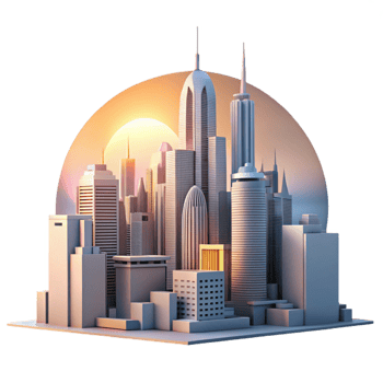 elegant artistic A futuristic cityscape at dawn, the sun rising behind towering skyscrapers. Soft, warm lighting, futuristic architecture style, panoramic view original png
