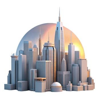 elegant contemporary A futuristic cityscape at dawn, the sun rising behind towering skyscrapers. Soft, warm lighting, futuristic architecture style, panoramic view original png