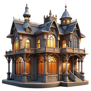 stunning vintage Art Nouveau mansion, ornate facade, intricate ironwork, stained glass windows, warm evening light, elegant and romantic, detailed png