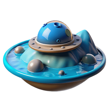 elegant modern A spaceship landing on a water-covered planet, creating ripples in the turquoise water. Serene, tranquil, realistic style high resolution png