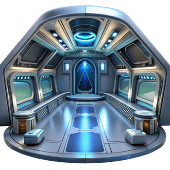 dramatic classic Futuristic spaceship interior, sleek metallic surfaces, glowing panels, panoramic views of space, high-tech and minimalist, authentic png