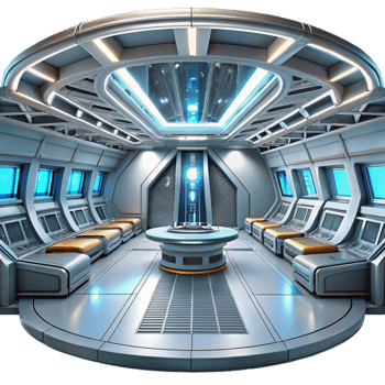 magnificent modern Futuristic spaceship interior, sleek metallic surfaces, glowing panels, panoramic views of space, high-tech and minimalist, exclusive png