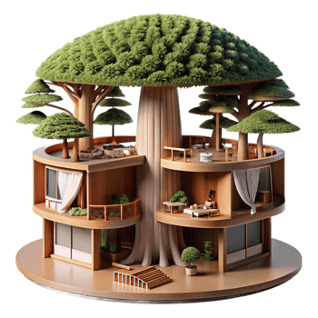 dramatic creative Microscale apartment complex built within a giant sequoia tree, intricate interior design, natural light filtering through the bark, sustainable and innovative, authentic png