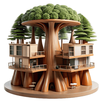 elegant modern Microscale apartment complex built within a giant sequoia tree, intricate interior design, natural light filtering through the bark, sustainable and innovative, high quality png