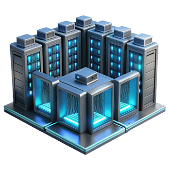 serene minimalist A futuristic server room with rows of glowing servers, dim lighting, industrial style detailed png