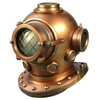 stunning rustic A steampunk diving helmet, brass and copper, illuminated by an underwater spotlight, intricate pressure gauges and valves visible detailed png