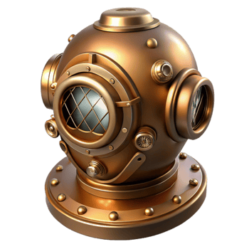extraordinary minimalist A steampunk diving helmet, brass and copper, illuminated by an underwater spotlight, intricate pressure gauges and valves visible exclusive png