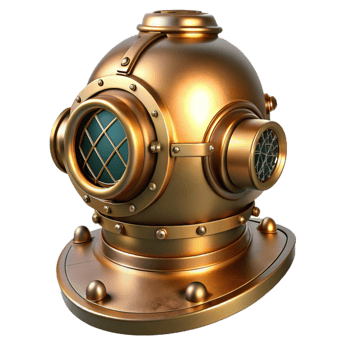 wonderful vintage A steampunk diving helmet, brass and copper, illuminated by an underwater spotlight, intricate pressure gauges and valves visible premium png