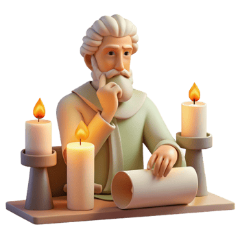 vibrant modern An ancient Greek philosopher deep in thought, surrounded by scrolls and parchments, lit by the soft glow of a candle, in the style of a classical Greek sculpture 4K png