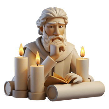 serene creative An ancient Greek philosopher deep in thought, surrounded by scrolls and parchments, lit by the soft glow of a candle, in the style of a classical Greek sculpture high resolution png