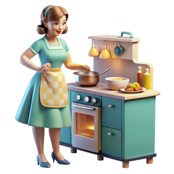 elegant classic A 1950s housewife preparing dinner in a brightly colored kitchen, appliances gleaming, lit by warm overhead lighting, in the style of a Norman Rockwell painting 4K png
