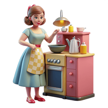 impressive classic A 1950s housewife preparing dinner in a brightly colored kitchen, appliances gleaming, lit by warm overhead lighting, in the style of a Norman Rockwell painting genuine png