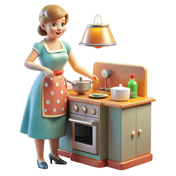 dramatic modern A 1950s housewife preparing dinner in a brightly colored kitchen, appliances gleaming, lit by warm overhead lighting, in the style of a Norman Rockwell painting 4K png