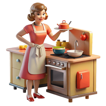 magnificent contemporary A 1950s housewife preparing dinner in a brightly colored kitchen, appliances gleaming, lit by warm overhead lighting, in the style of a Norman Rockwell painting professional png