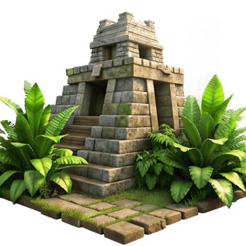 serene abstract An ancient Mayan temple overgrown with jungle vegetation, sunlight streaming through the crumbling stonework, in the style of a photorealistic rendering professional png