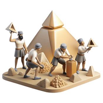dramatic abstract A group of ancient Egyptians building the pyramids, the massive stones being hauled into place, lit by the harsh desert sun, in the style of a historical painting authentic png