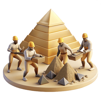vibrant contemporary A group of ancient Egyptians building the pyramids, the massive stones being hauled into place, lit by the harsh desert sun, in the style of a historical painting professional png
