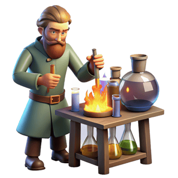 impressive rustic A medieval alchemist working in his laboratory, surrounded by beakers and flasks, lit by the flickering light of a fire, in the style of a Renaissance painting original png