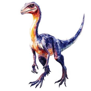 Watercolor painting depicts a dinosaur with colorful feathers and scales png