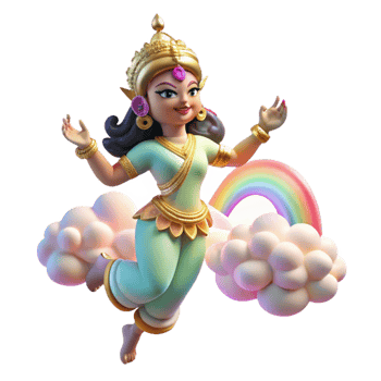 serene vintage A graceful Apsara, a celestial nymph, dancing in the clouds, illuminated by a rainbow. Hindu mythology style authentic png
