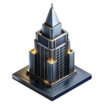 extraordinary traditional Art Deco skyscraper, chrome and black glass, dramatic uplighting, highly polished surfaces, isometric view premium png