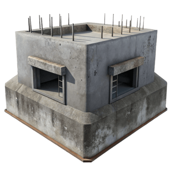 beautiful modern Brutalist concrete bunker, exposed rebar, overcast lighting, dystopian style high quality png