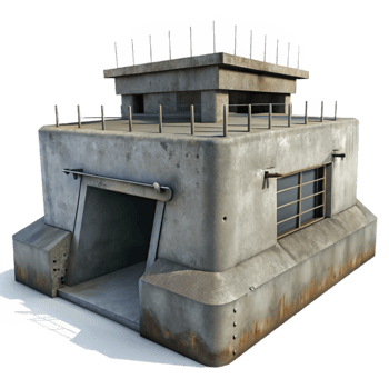 elegant artistic Brutalist concrete bunker, exposed rebar, overcast lighting, dystopian style detailed png