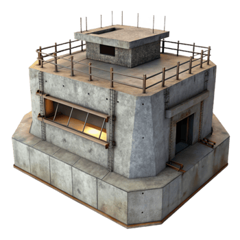 stunning traditional Brutalist concrete bunker, exposed rebar, overcast lighting, dystopian style authentic png