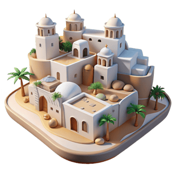 vibrant classic Desert oasis city, whitewashed buildings, harsh midday sun, Middle Eastern style high resolution png