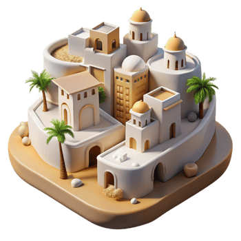 magnificent creative Desert oasis city, whitewashed buildings, harsh midday sun, Middle Eastern style original png