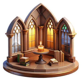 serene classic Art Nouveau library, stained glass windows, warm interior light, ornate style high quality png