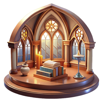 vibrant vintage Art Nouveau library, stained glass windows, warm interior light, ornate style high resolution png