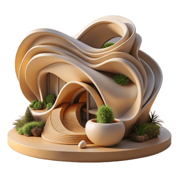 dramatic modern Organic architecture, flowing lines, natural materials, soft diffused light high resolution png