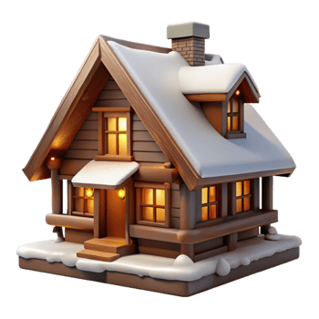 beautiful contemporary Swiss chalet, wooden beams, snow-covered roof, warm interior light high resolution png
