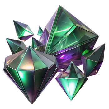 wonderful artistic Fractured shards of amethyst and emerald glass, reflecting refracted light beams in a dark, ethereal void. Art Deco style with ray tracing rendering genuine png
