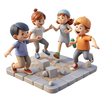 serene abstract A group of children playing a game of hopscotch amidst the ruins of a school, dust motes dancing in the sunlight, melancholic, realistic, natural lighting professional png
